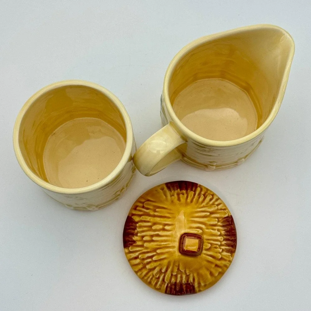 Country Scenery Sugar Creamer Set Marutake Earthenware Japan Vintage Cottagecore